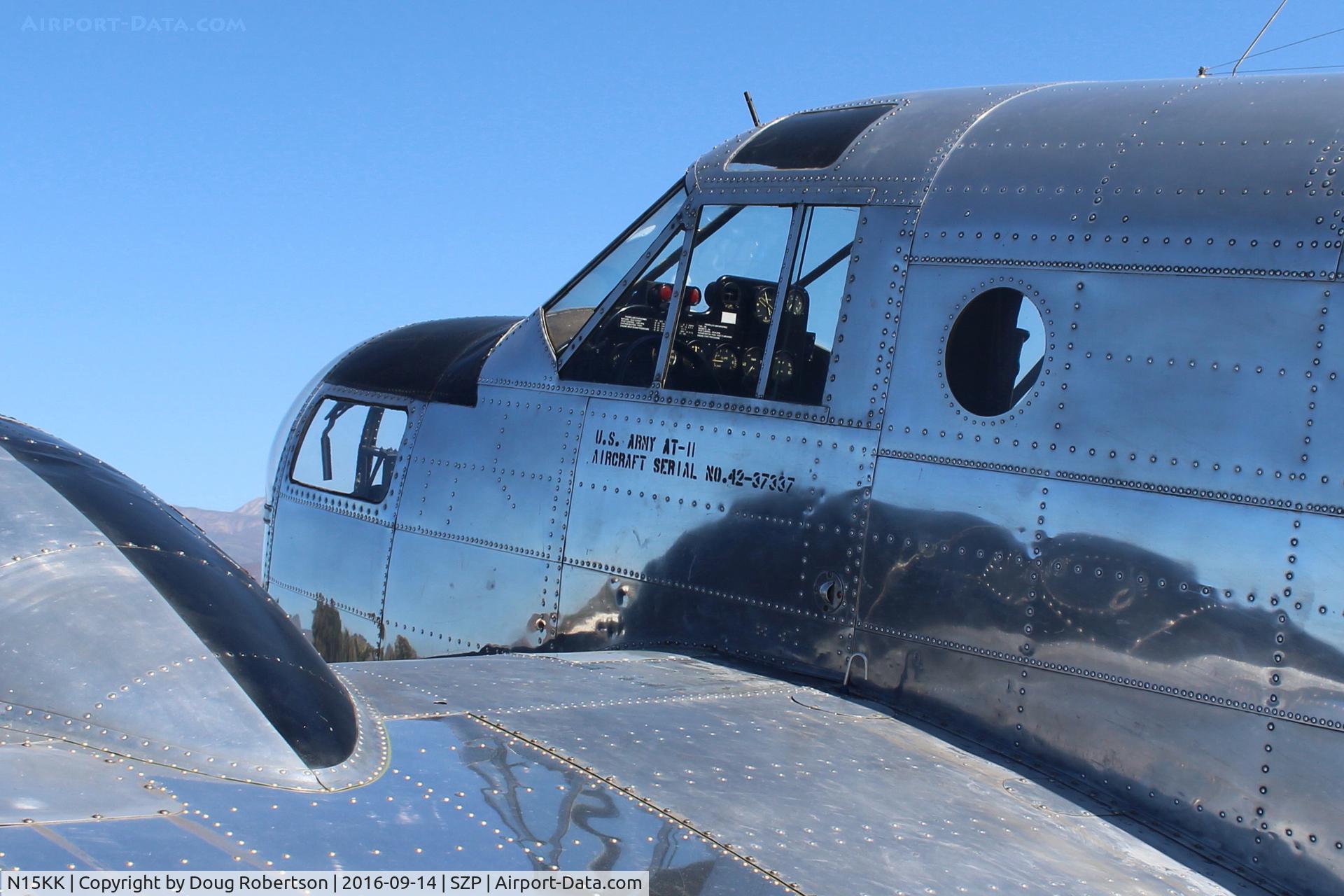 N15KK, 1942 Beech C-45G Expeditor (AT-11) C/N 4000/AF-436, 1942 Beech AT-11 KANSAN, two P&W R-985 Wasp Jr. 450 Hp each, USAAC Serial Number. Flat black paint on proximal engine cowls and nose top prevents cockpit sun glare.