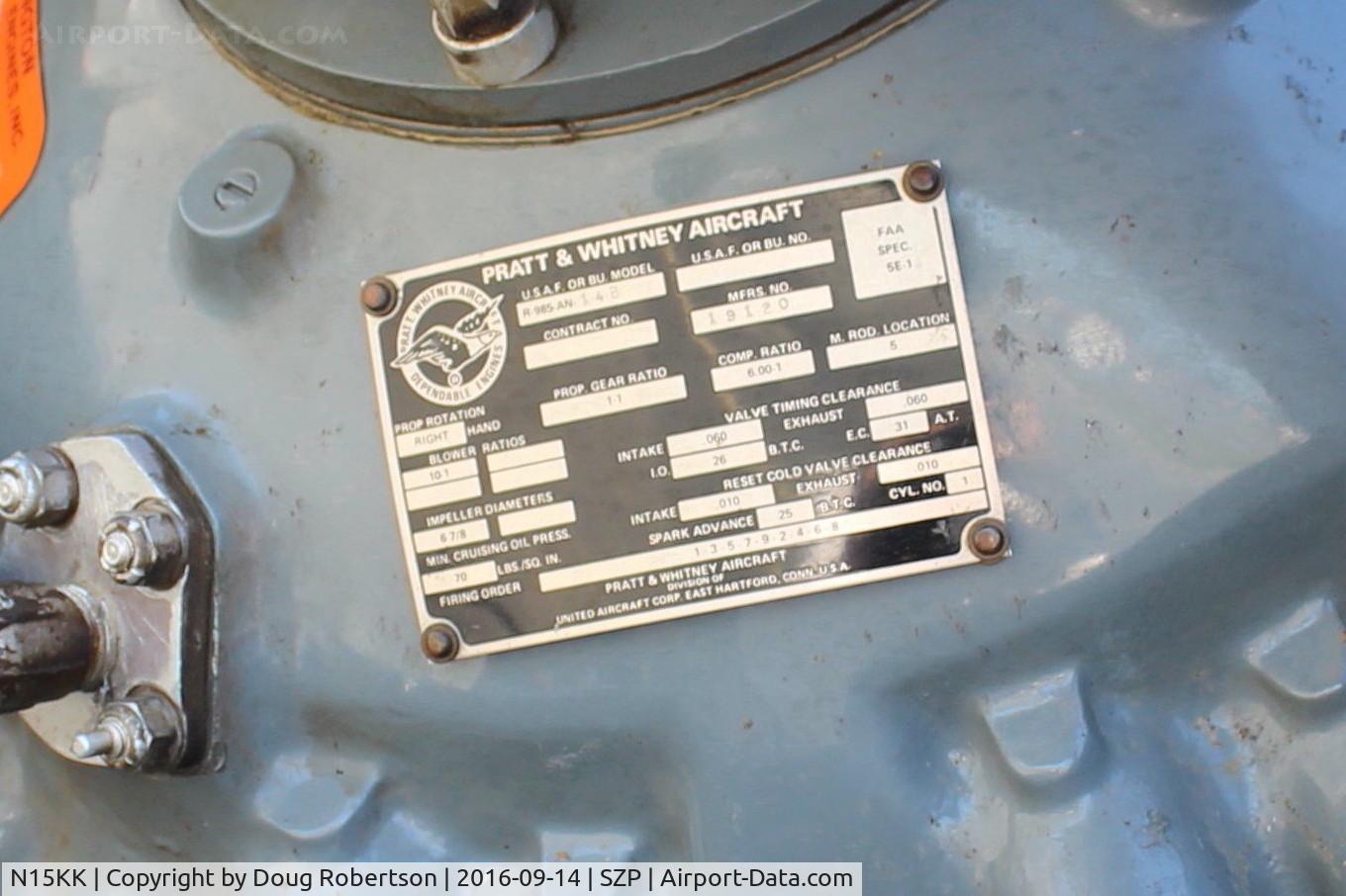 N15KK, 1942 Beech C-45G Expeditor (AT-11) C/N 4000/AF-436, 1942 Beech AT-11 KANSAN, two Pratt & Whitney R-985 Wasp Jr. radials, 450 Hp each. Engine data plate closeup.