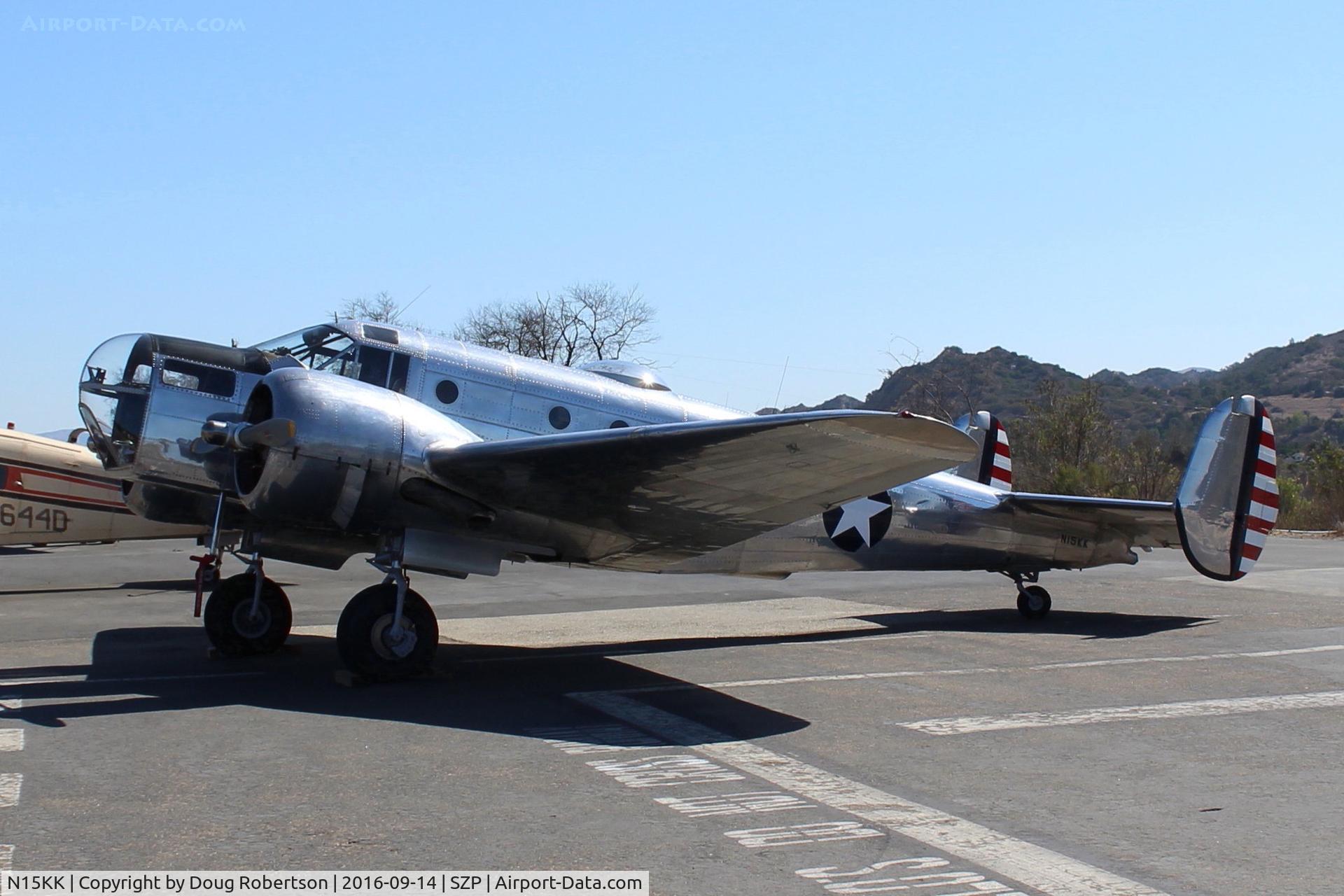 N15KK, 1942 Beech C-45G Expeditor (AT-11) C/N 4000/AF-436, 1942 Beech AT-11 KANSAN, two P&W R-985 Wasp Jr. radials 450 Hp each. An outstanding time-warp de-militarized warbird visitor to SZP.