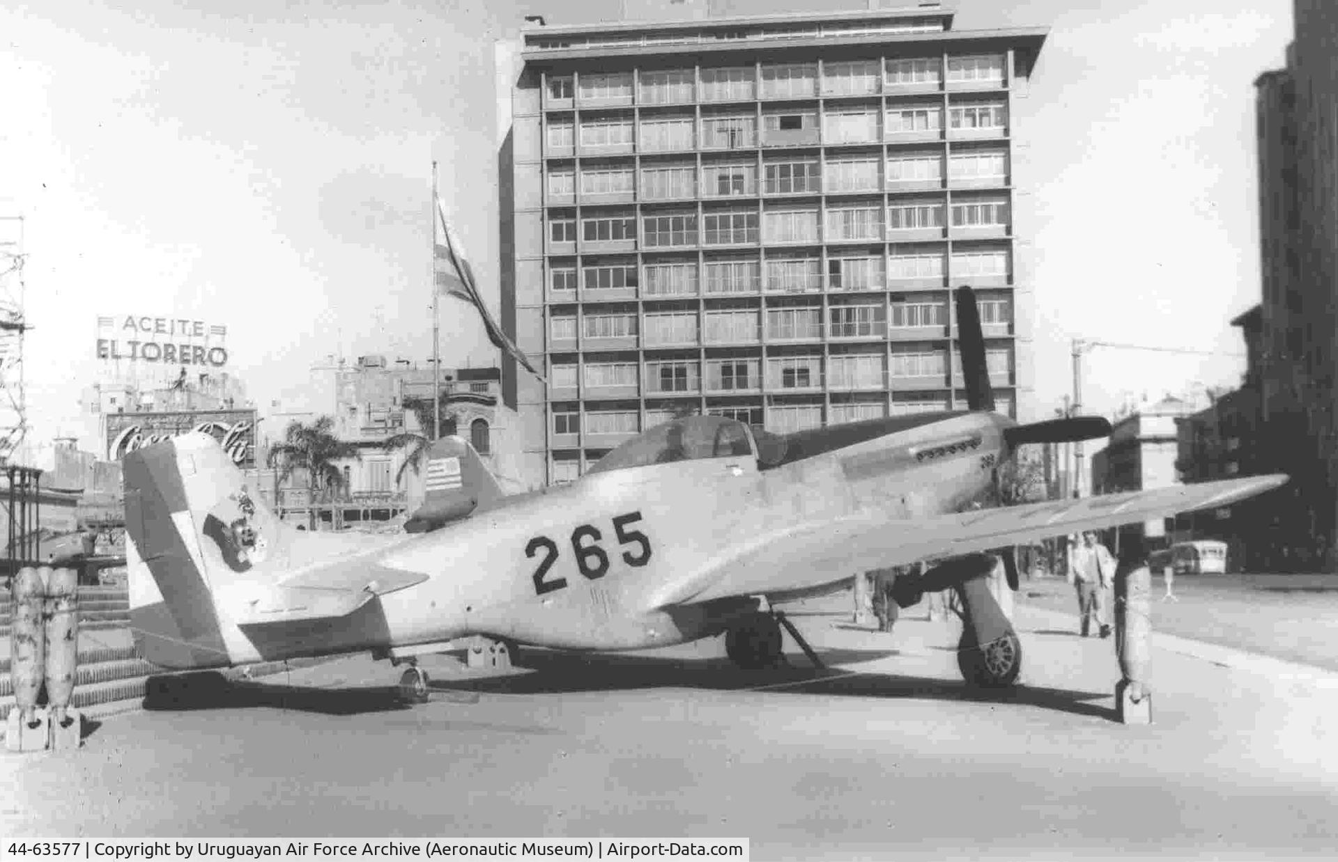 44-63577, 1944 North American P-51D Mustang C/N 122-31303, FAU-265 F-51D 44-63577  2nd. ExpoAeronautic (October 12th to 29th of 1957) in front of the City Hall of Montevideo, Uruguay. 1957.