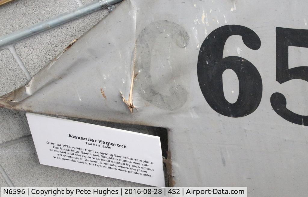 N6596, Alexander Long Wing Eaglerock C/N 482, N6596, showing evidence as C6596, Alexander Eaglerock c/n 482, original 1928 rudder, at Western Antique Aeroplane and Automobile Museum at Hood River, Oregon