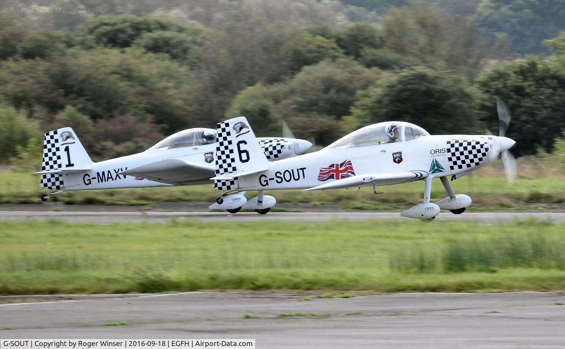 G-SOUT, 2006 Vans RV-8 C/N PFA 303-13295, Visiting G-SOUT (Raven 6) leading visiting G-MAXV (Raven 1) in a formation take off from Runway 28.