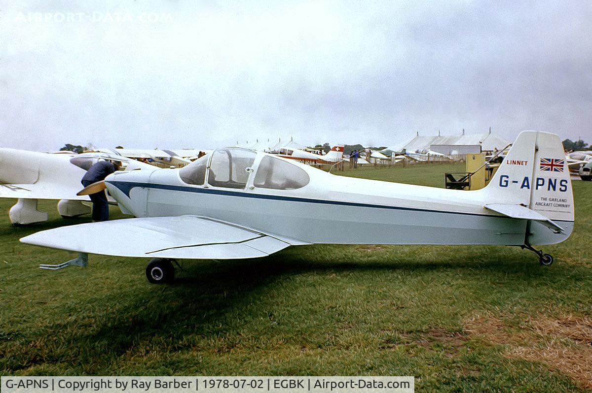 G-APNS, 1958 Garland-Bianchi Linnet 1 C/N 001, Garland-Bianchi Linnet 1 [001] Sywell~G 02/07/1978. From a slide.