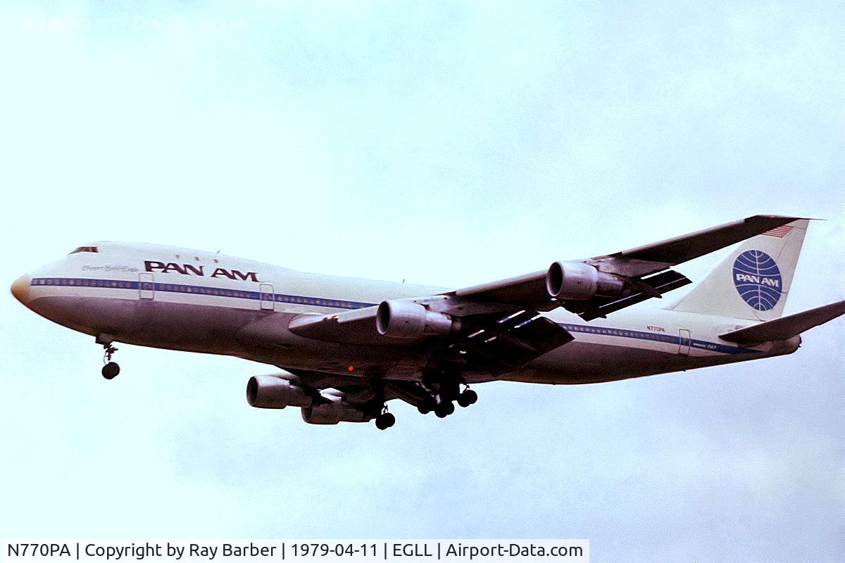 N770PA, 1970 Boeing 747-121 C/N 19660, N770PA   Boeing 747-121 [19660] (Pan American Airways) Heathrow~G @ 11/04/1979. On finals 28L. From a slide.