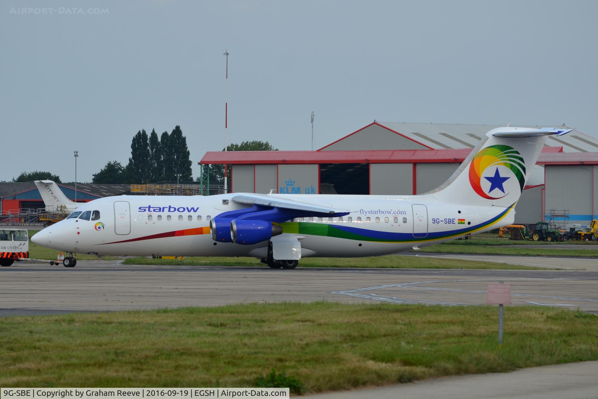 9G-SBE, 1998 British Aerospace Avro 146-RJ100 C/N E3332, Just out of the spray shop in new colours.