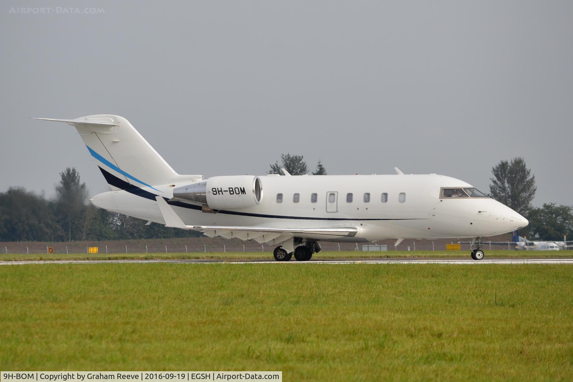 9H-BOM, 2009 Bombardier Challenger 605 (CL-600-2B16) C/N 5785, About to depart from Norwich.