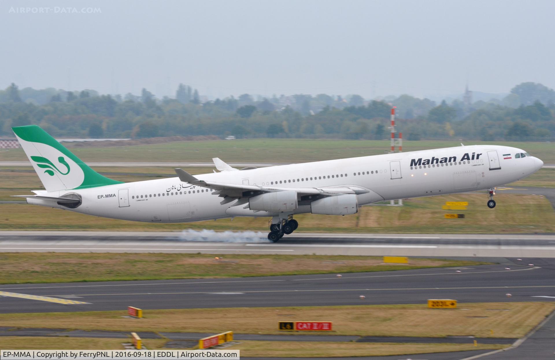EP-MMA, 1993 Airbus A340-311 C/N 020, Mahan A343 burning some rubber in DUS