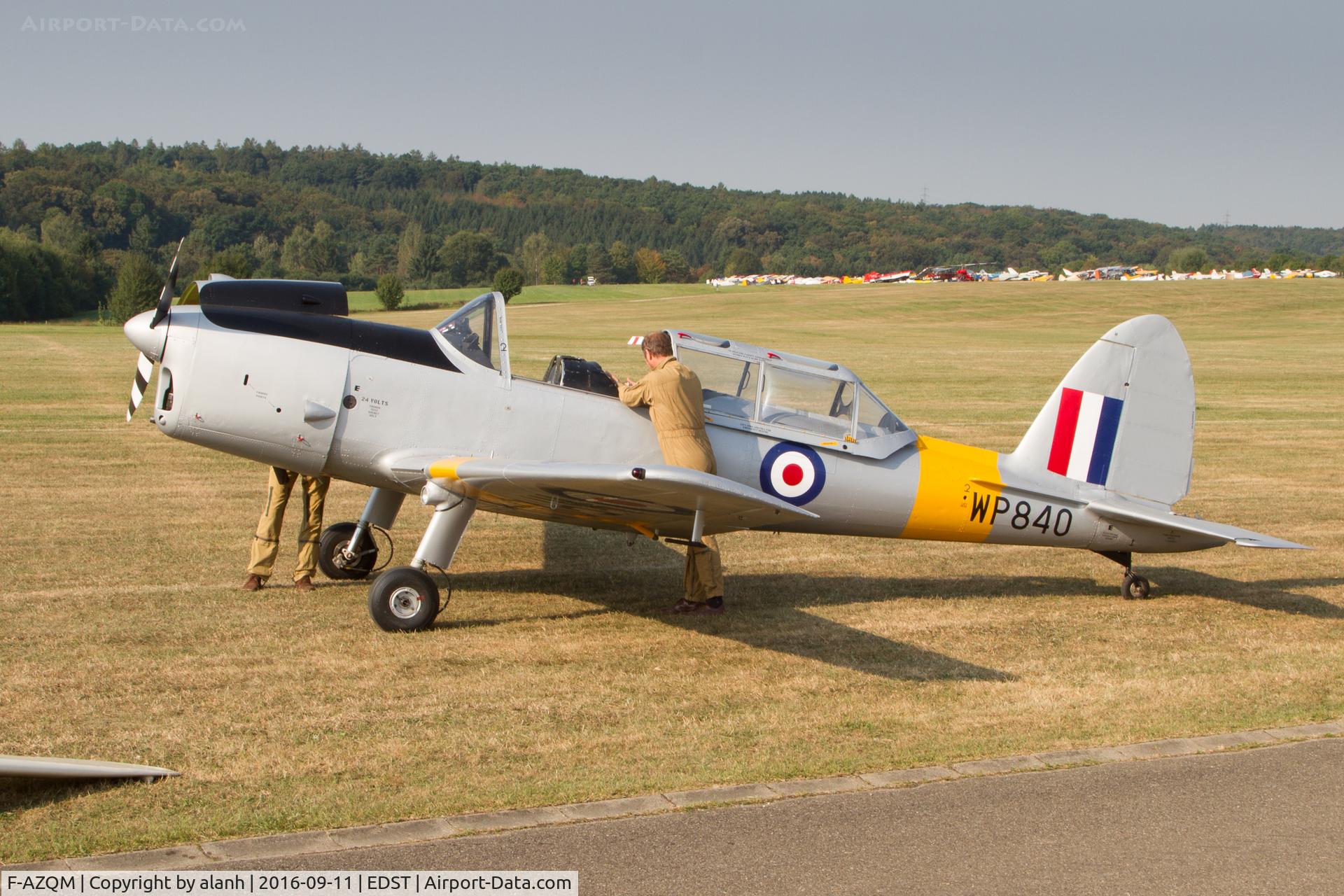 F-AZQM, 1952 De Havilland DHC-1 Chipmunk T.10 C/N C1/0723, Preparing to leave Hahnweide. The French registration is present under the tail on the starboard side.