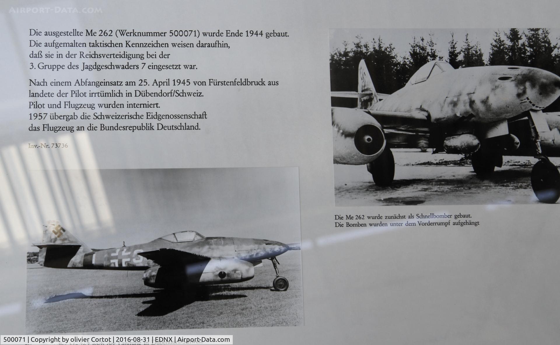 500071, 1945 Messerschmitt Me 262A-1a Schwalbe C/N 500071, history of the plane