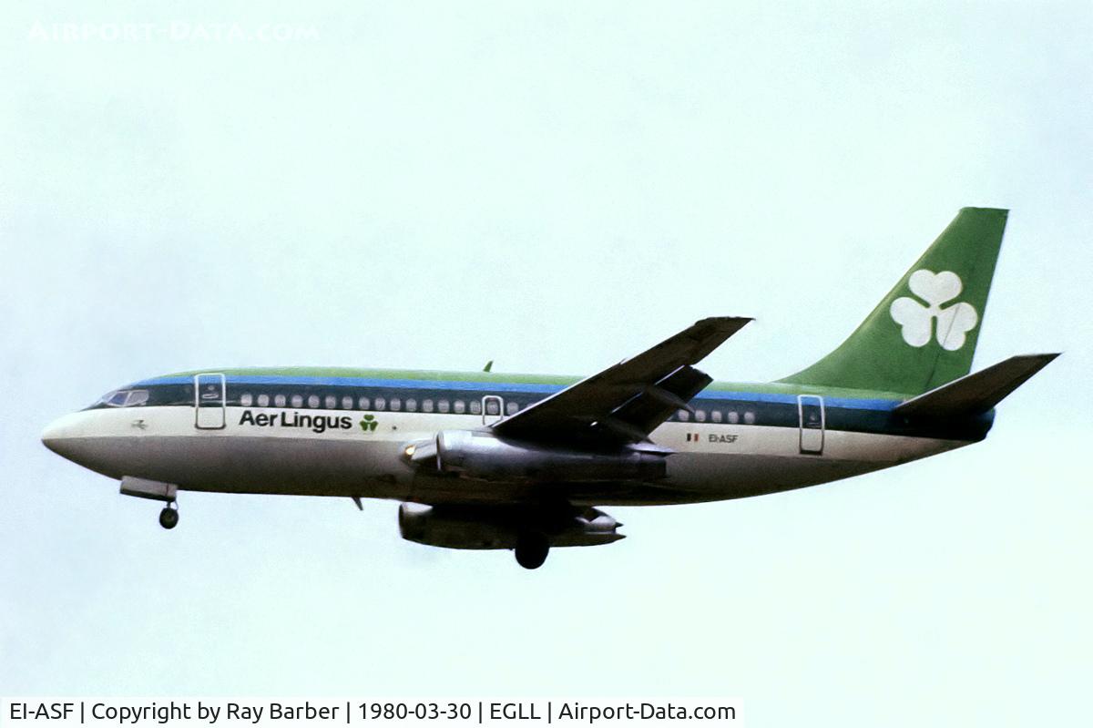 EI-ASF, 1970 Boeing 737-248 C/N 20221, Boeing 737-248 [20221] (Aer Lingus) Heathrow~G 30/03/1980 On finals 28L. From a slide.