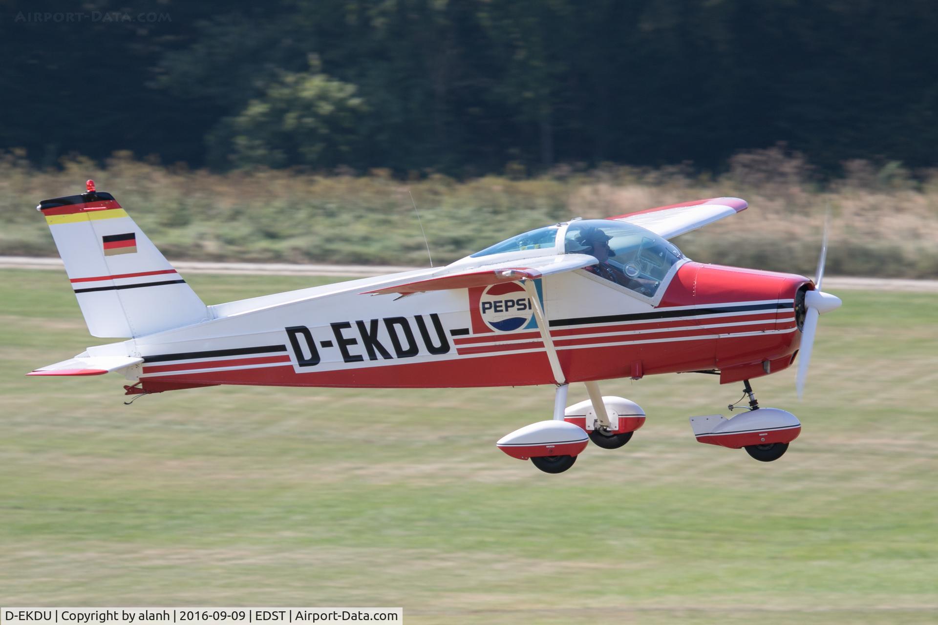 D-EKDU, 1965 Bolkow Bo-208C Junior C/N 595, Arriving at the 2016 Hahnweide Oldtimer Fliegertreffen
