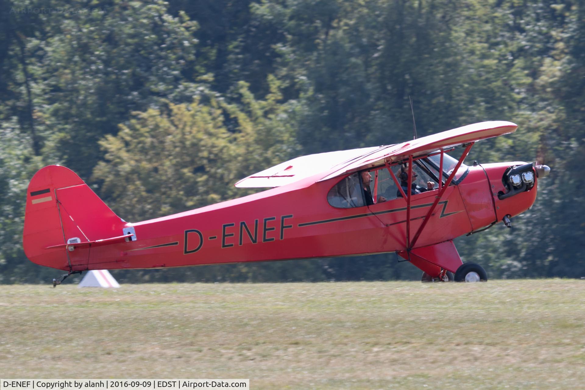 D-ENEF, 1942 Piper J3-C65 C/N 6347, Arriving at the 2016 Hahnweide Oldtimer Fliegertreffen