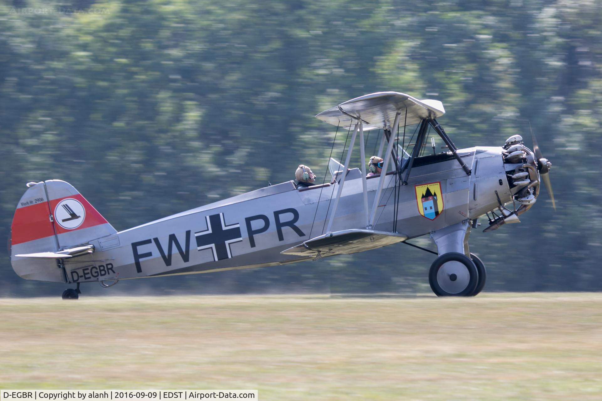 D-EGBR, 1940 Focke-Wulf Fw 44J Stieglitz C/N 2906, Rolling out on arrival at the 2016 Hahnweide Oldtimer Fliegertreffen