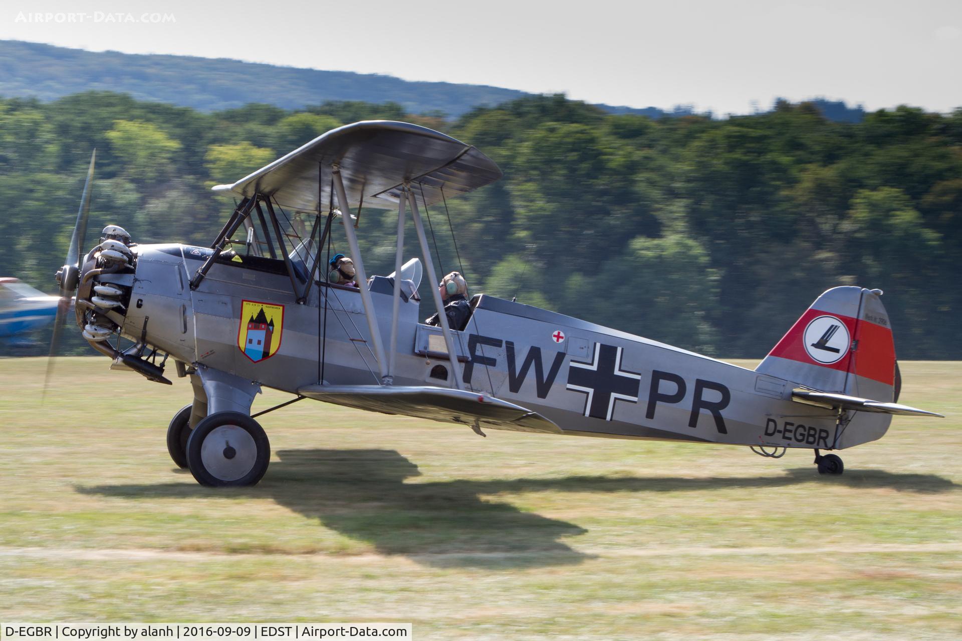 D-EGBR, 1940 Focke-Wulf Fw 44J Stieglitz C/N 2906, Taxying in on arrival at the 2016 Hahnweide Oldtimer Fliegertreffen