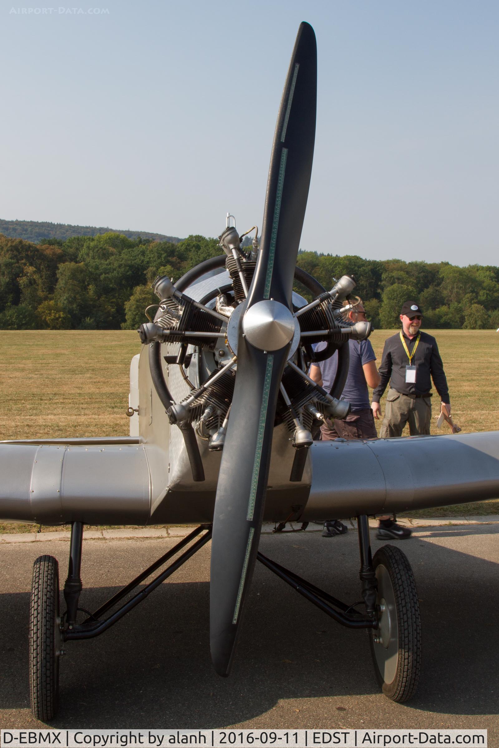 D-EBMX, 1927 Klemm Kl-25-1A C/N 149, Engine and propellor detail, showing the strips of LEDs which produce the illuminated BMW logo; at the 2016 Hahnweide Oldtimer Fliegertreffen