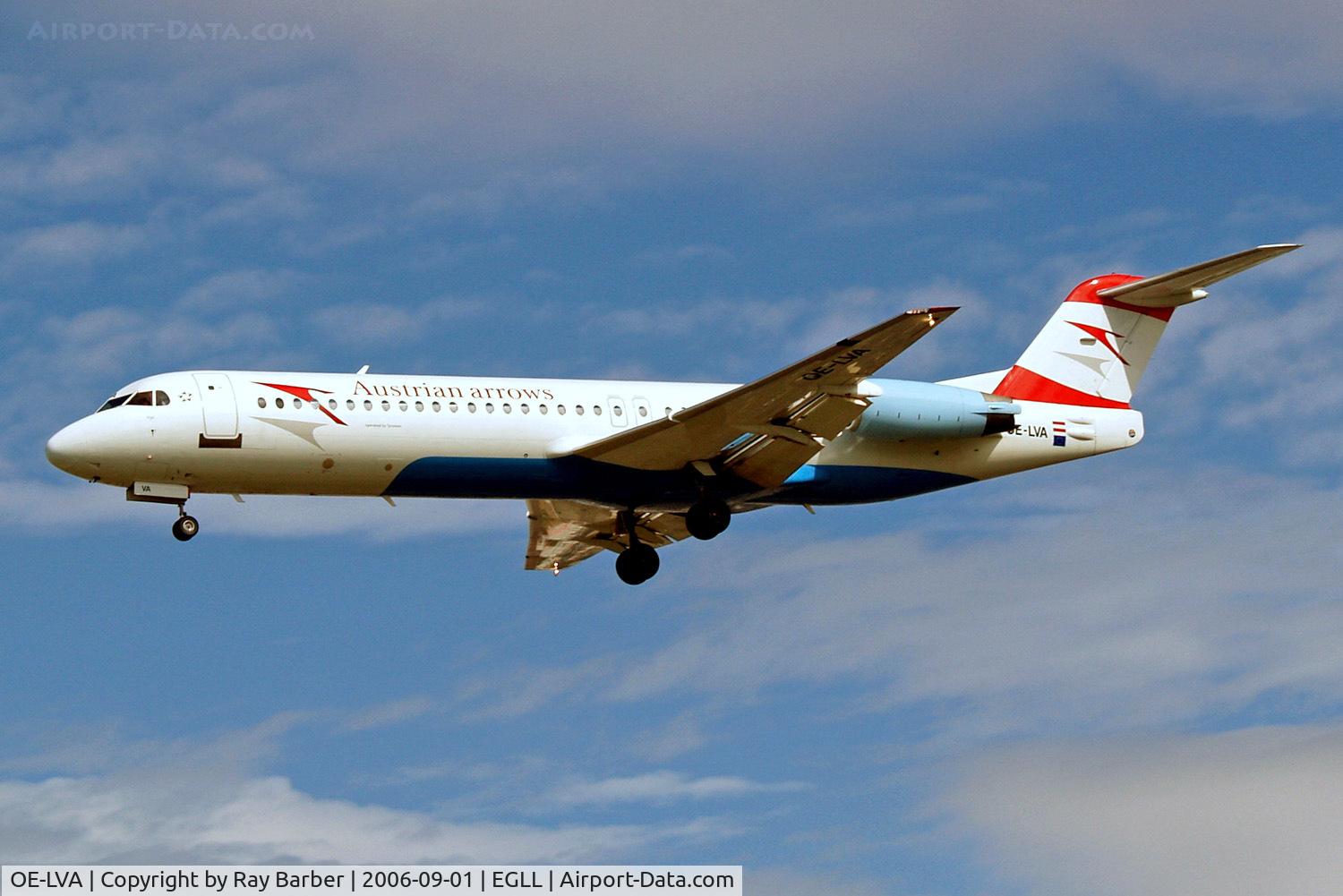 OE-LVA, 1994 Fokker 100 (F-28-0100) C/N 11490, Fokker F-100 [11490] (Austrian Arrows) Heathrow~G 01/09/2006. On finals 27L.