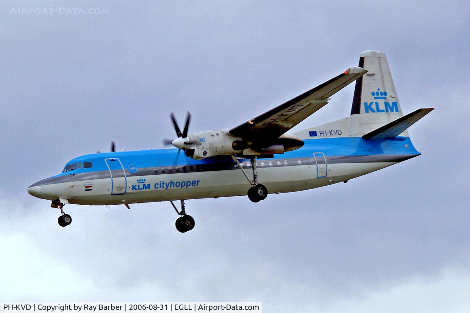 PH-KVD, 1990 Fokker 50F C/N 20197, Fokker F-50 [20197] (KLM cityhopper) Heathrow~G 31/08/2006. On finals 27L.