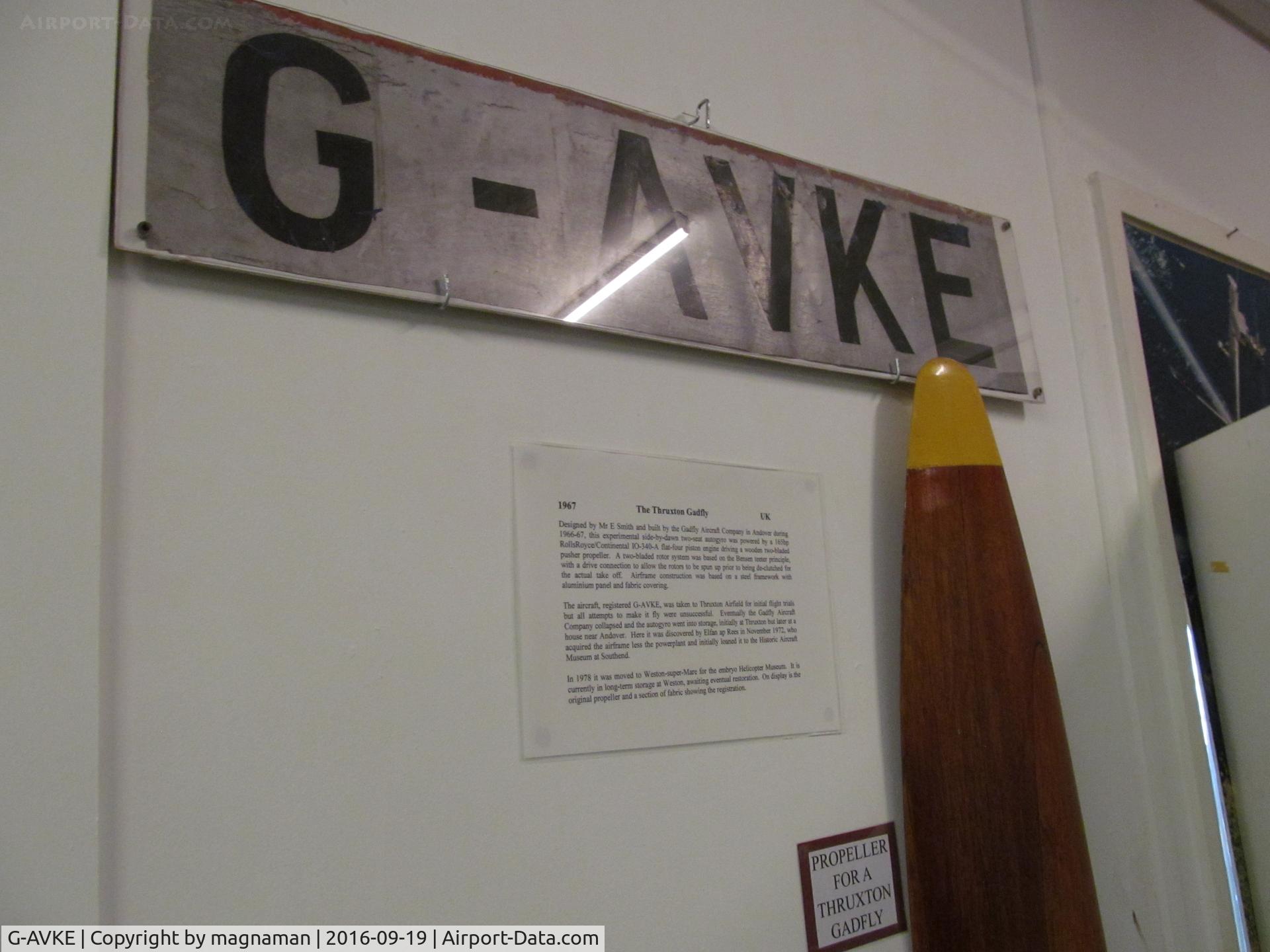 G-AVKE, Gadfly HDW1 C/N HDW1, just the propeller and bit of fuselage material on display - rest in storage