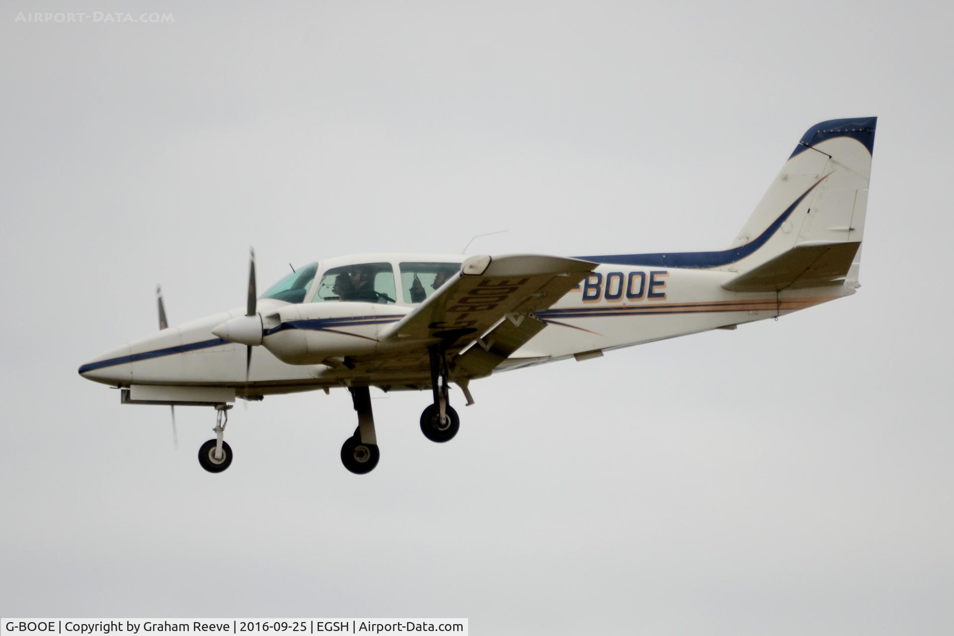 G-BOOE, 1979 Gulfstream American GA-7 Cougar C/N GA7-0093, Landing at Norwich.