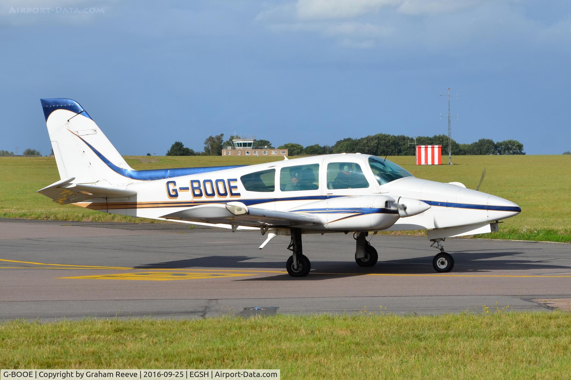 G-BOOE, 1979 Gulfstream American GA-7 Cougar C/N GA7-0093, Departing from Norwich.