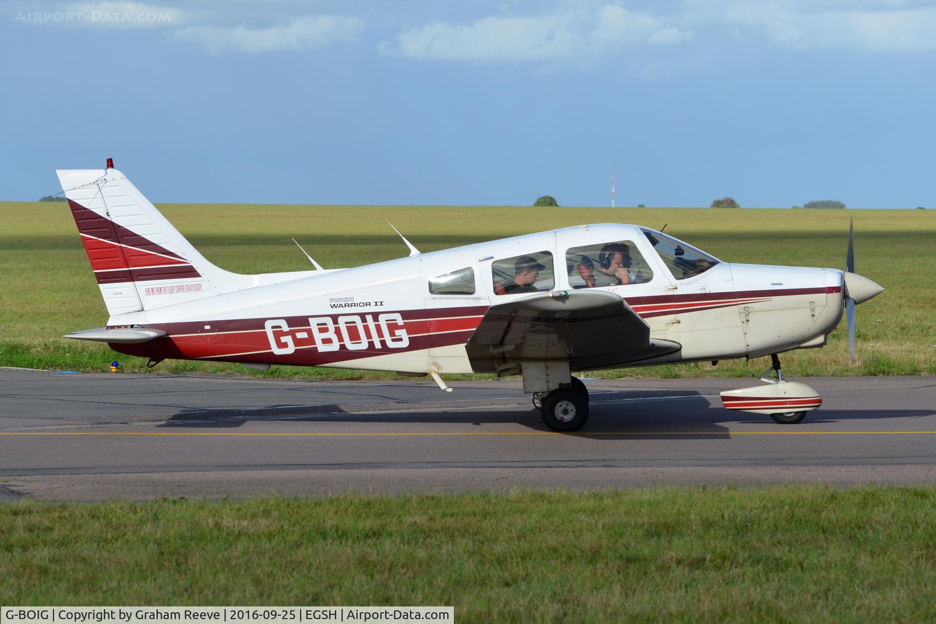 G-BOIG, 1985 Piper PA-28-161 Cherokee Warrior II C/N 28-8516027, Departing from Norwich.