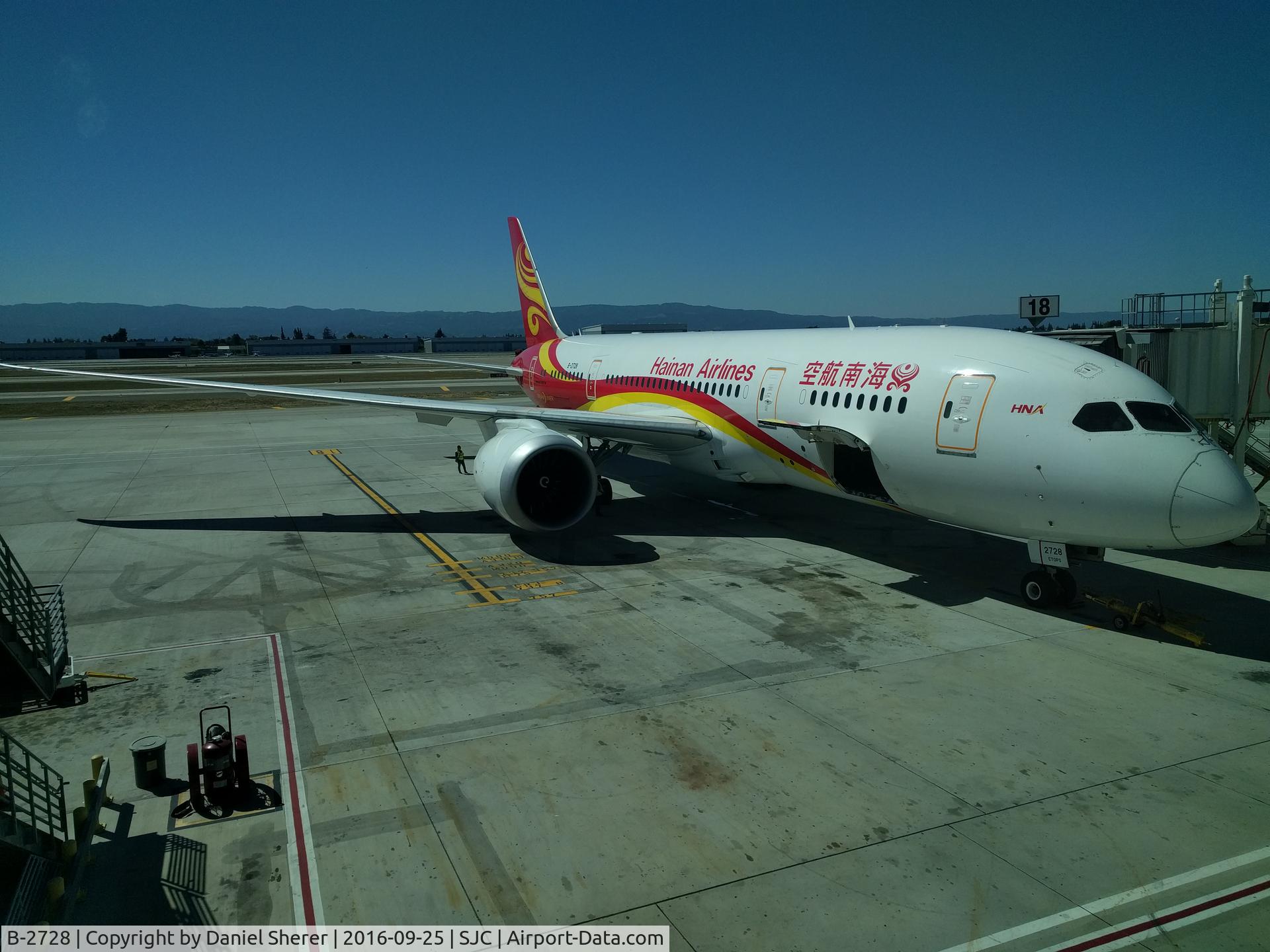 B-2728, 2012 Boeing 787-8 Dreamliner C/N 34938, Ready to push-back from gate 18 in San Jose, California