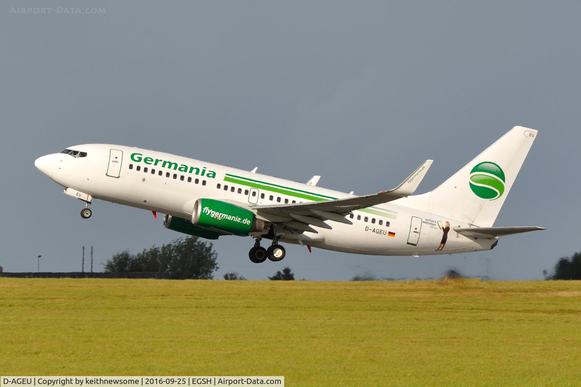 D-AGEU, 1998 Boeing 737-75B C/N 28104, Leaving Norwich.