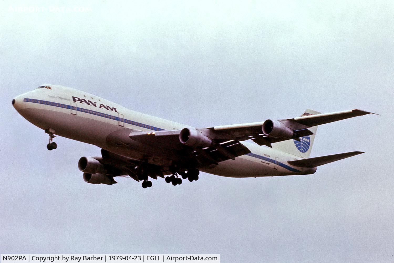 N902PA, 1970 Boeing 747-132 C/N 19896, Boeing 747-132 [19896] (Pan American Airways) Heathrow~G 23/04/1979 On finals 28L. From a slide.
