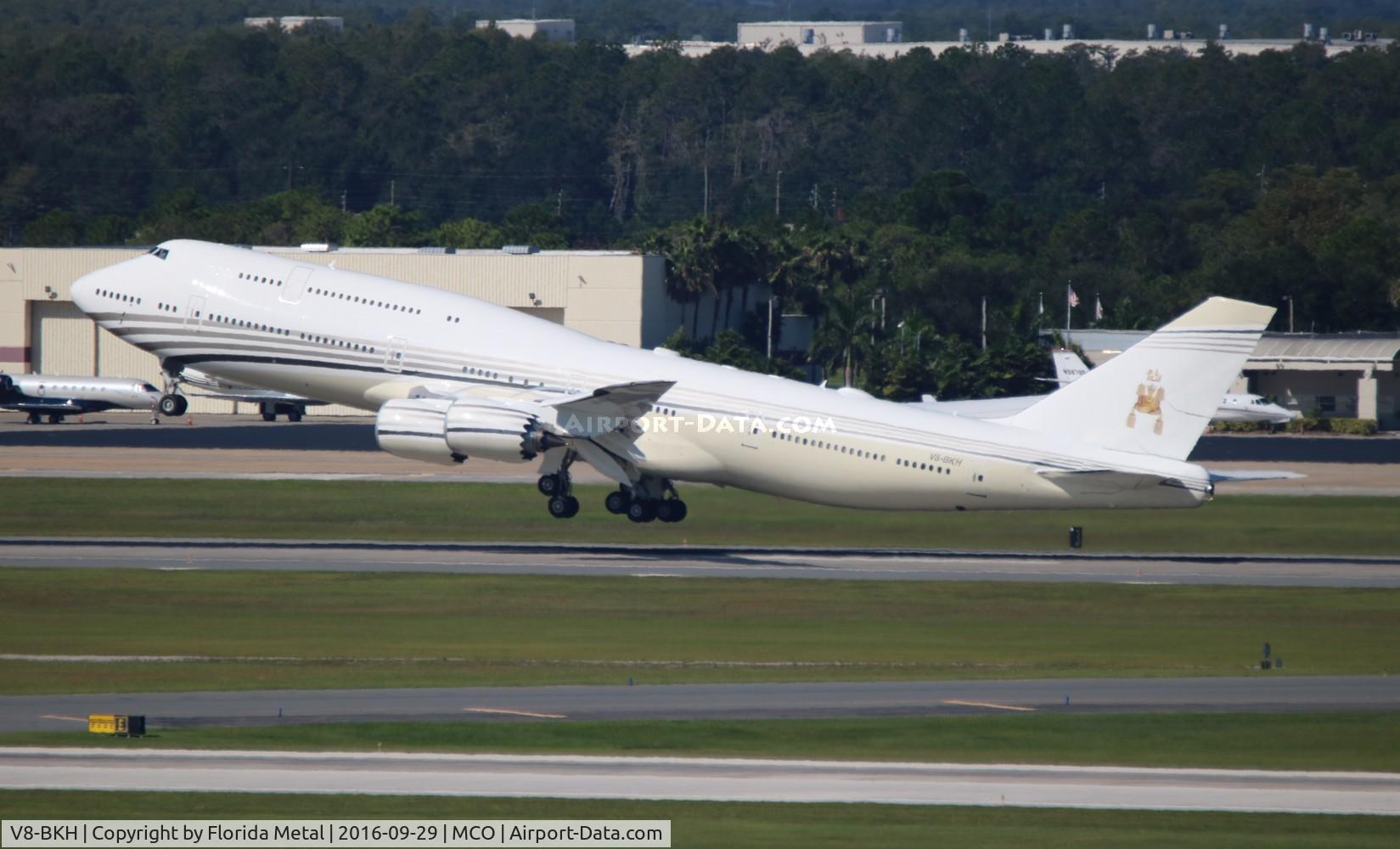 V8-BKH, 2012 Boeing 747-8LQ BBJ C/N 41060, Sultan of Brunei departing Orlando International in his TWO day old jet.  First shot I believe on the web.  Aircraft built in 2012, but spent time in the desert and getting interior outfitted