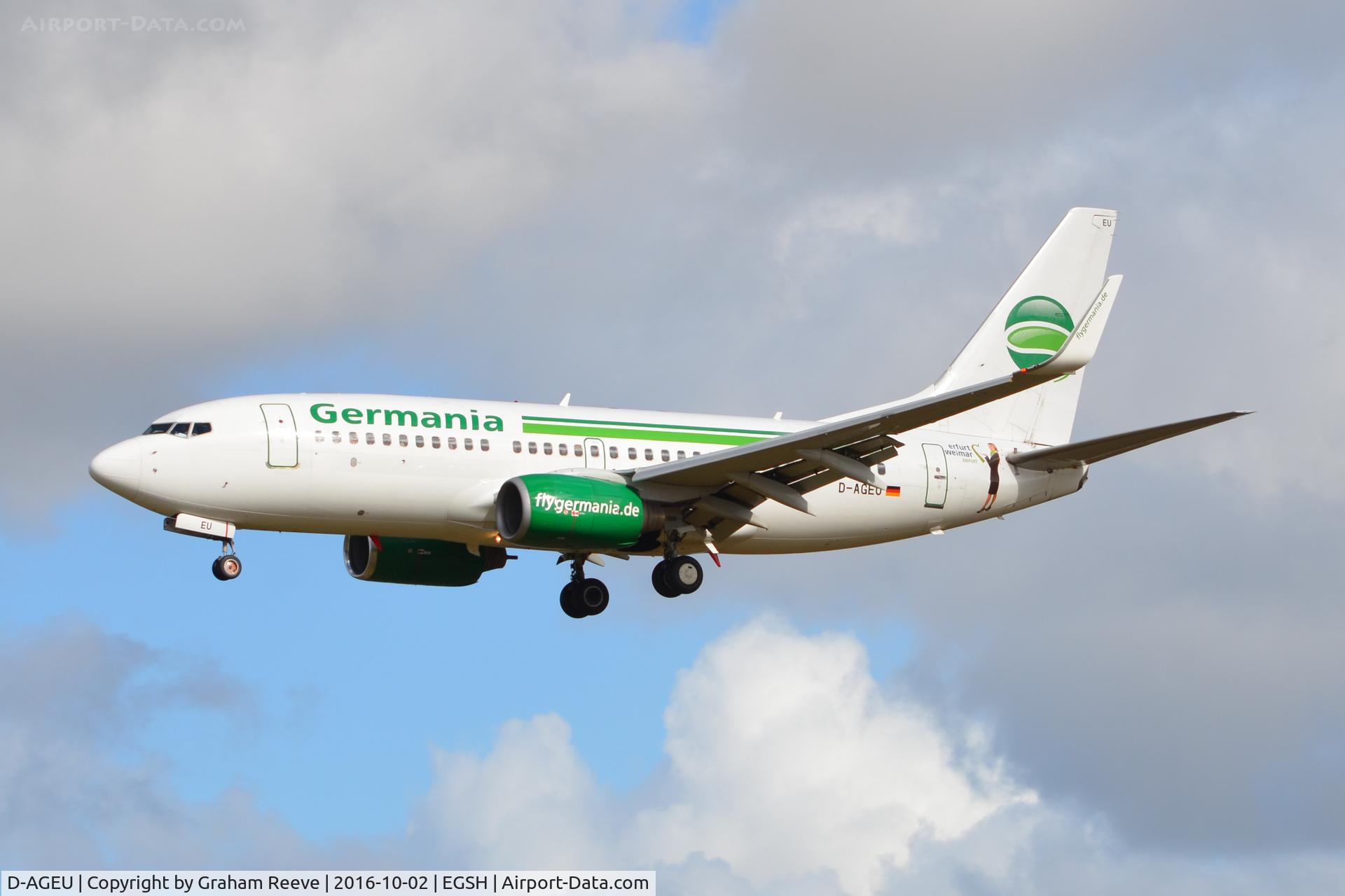 D-AGEU, 1998 Boeing 737-75B C/N 28104, Landing at Norwich.