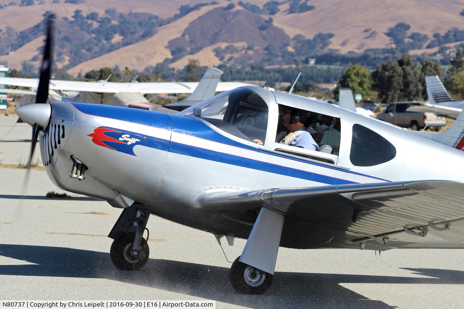 N80737, 1946 Globe GC-1B Swift C/N 140, KHAF based 1946 Globe Swift taxing in and kicking up some dirt on me at South County Airport, San Martin, CA.