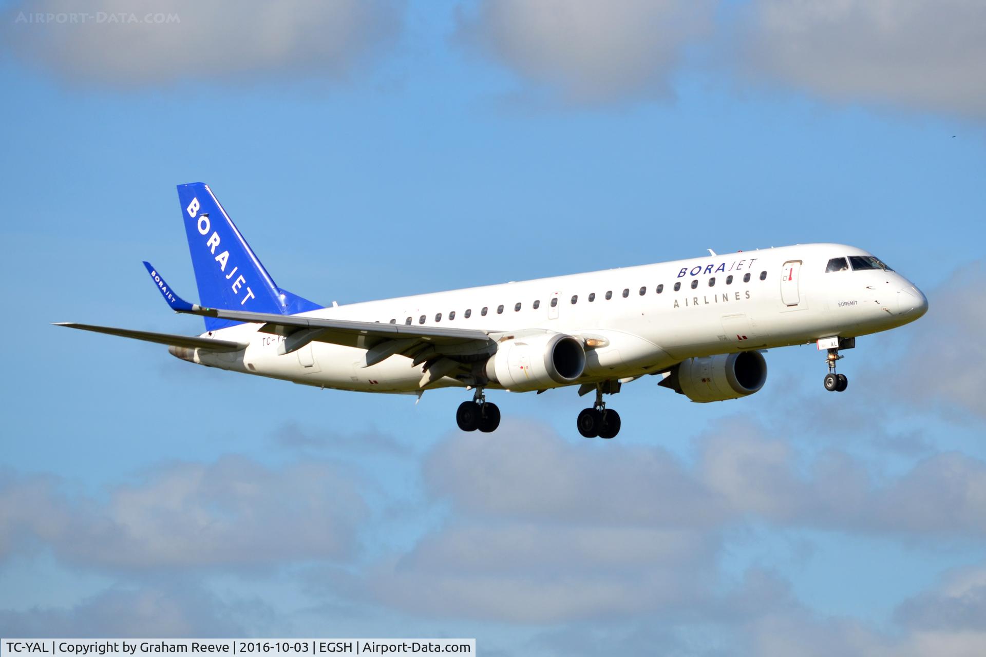 TC-YAL, 2008 Embraer 190LR (ERJ-190-100LR) C/N 19000227, Landing at Norwich.