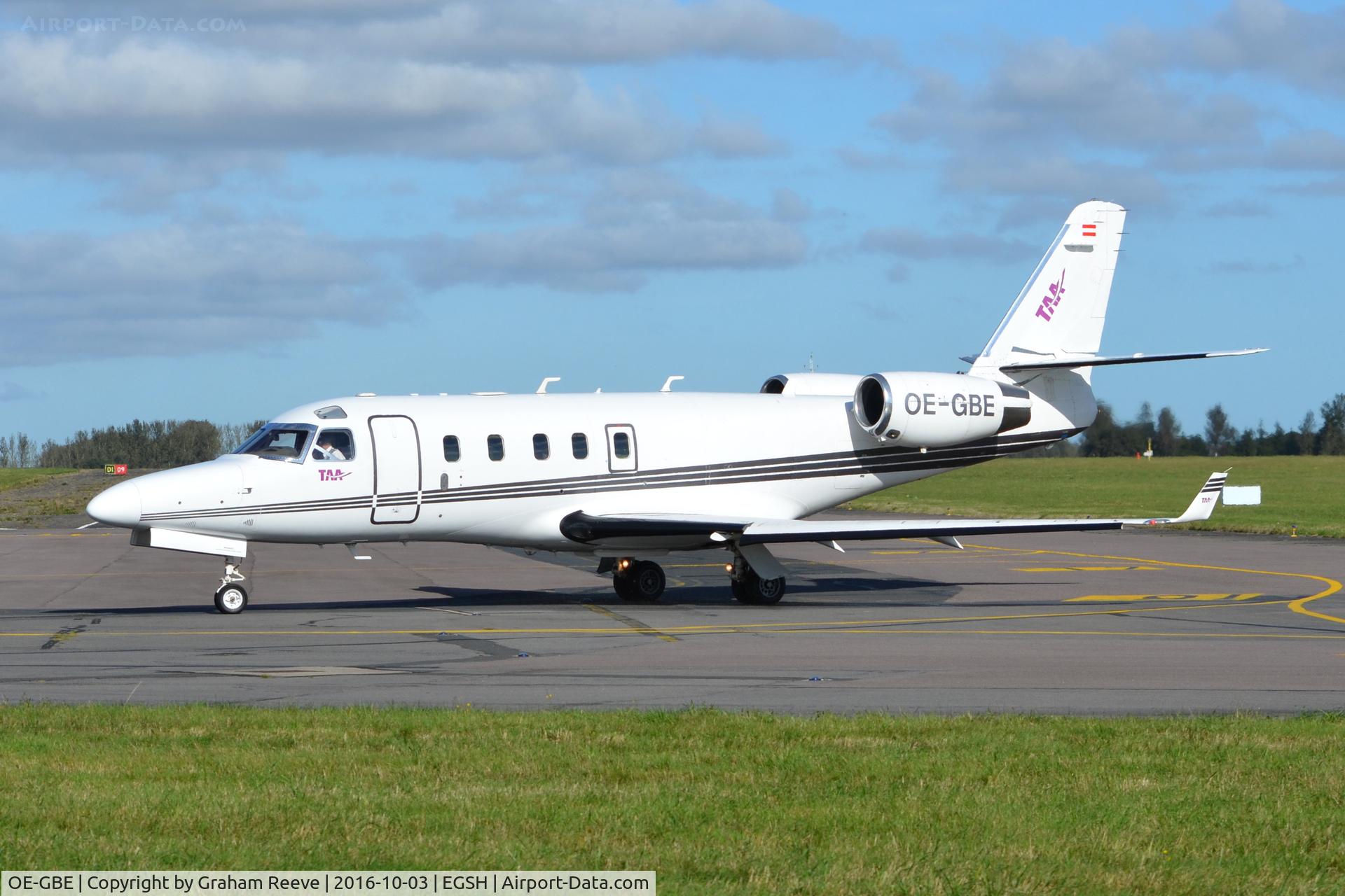 OE-GBE, 1998 Israel Aircraft Industries 1125A Astra SPX C/N 107, Just landed at Norwich.