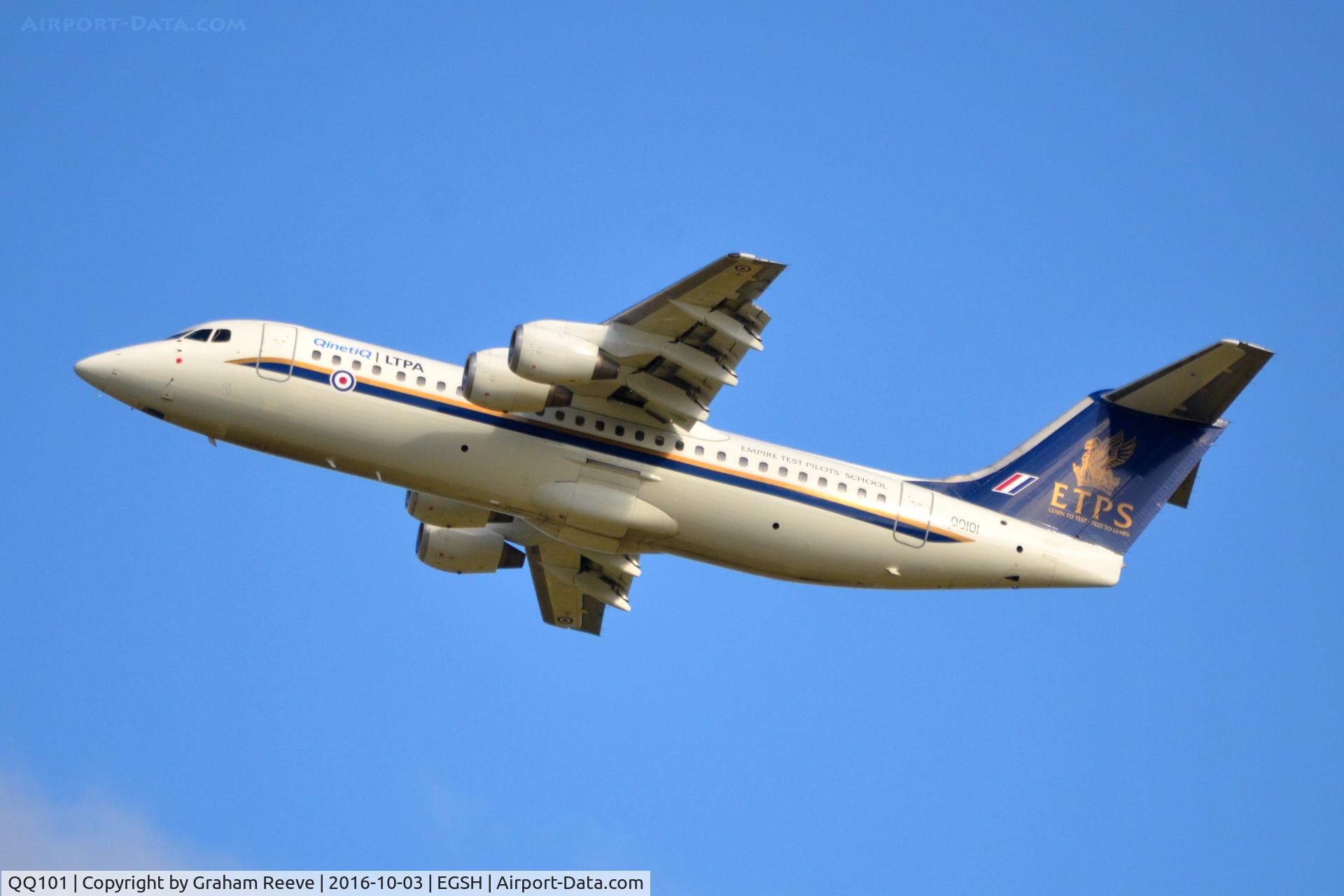 QQ101, 2000 British Aerospace Avro 146-RJ100 C/N E3368, Departing from Norwich.
