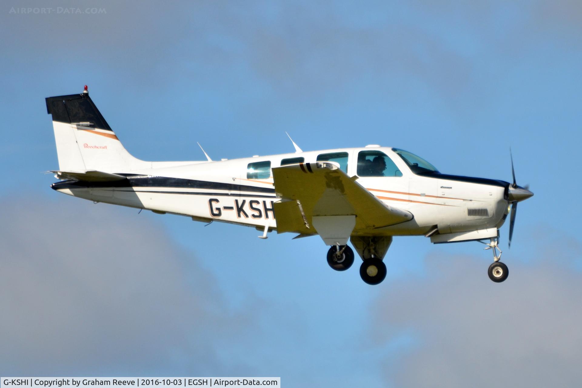 G-KSHI, 1987 Beechcraft A36 Bonanza C/N E-2353, Landing at Norwich.