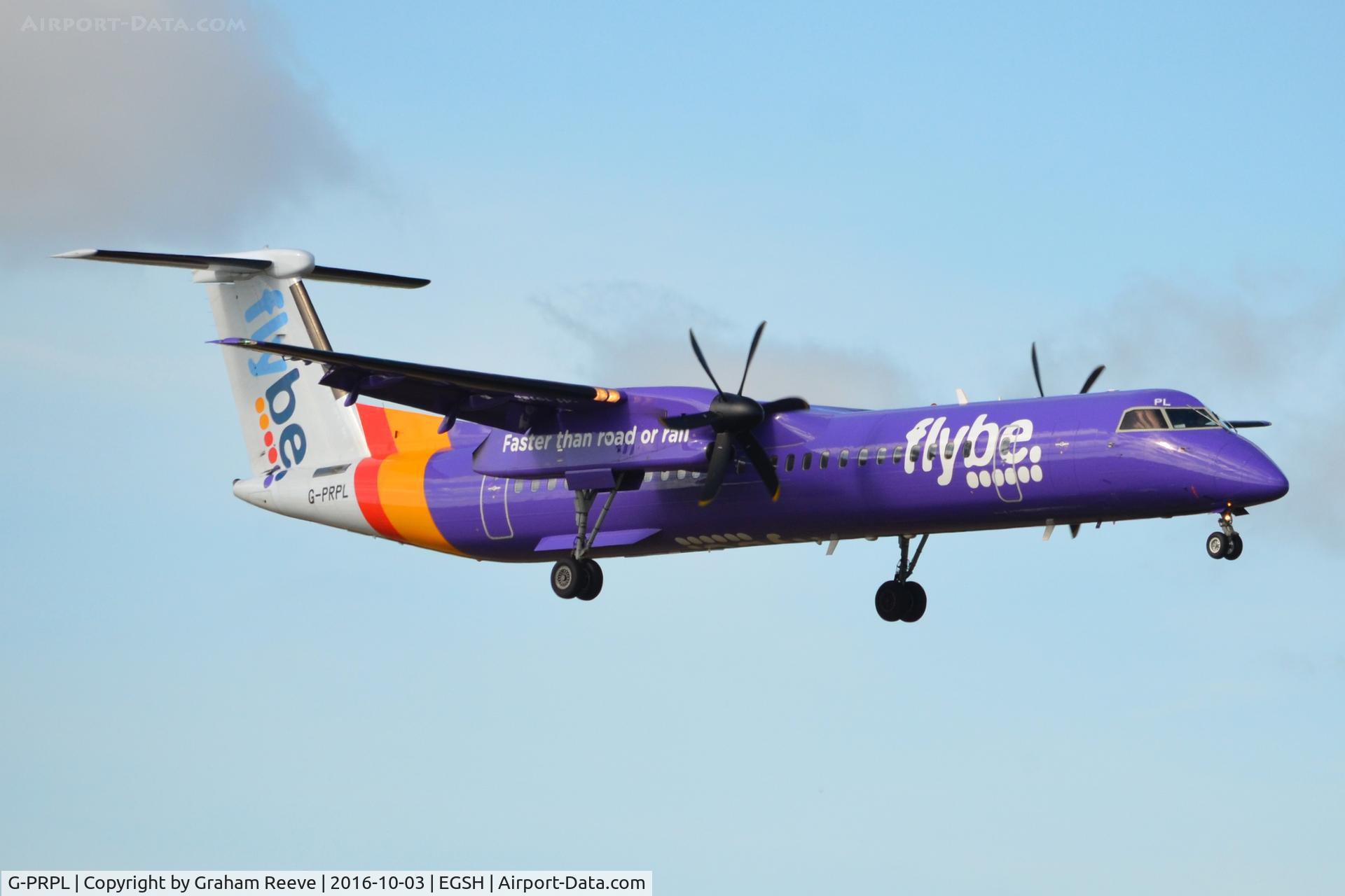 G-PRPL, 2011 Bombardier DHC-8-402 Dash 8 C/N 4380, Landing at Norwich.