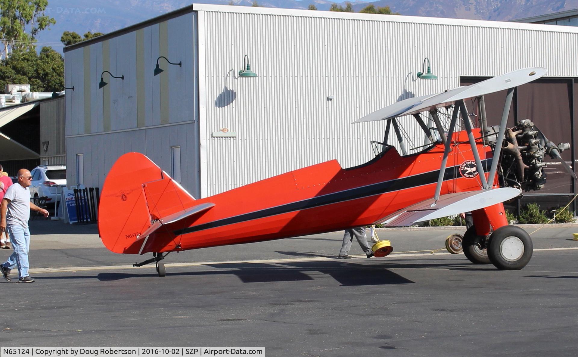 N65124, 1943 Boeing A75N1(PT17) C/N 75-1260, 1943 Boeing Stearman A75N1 (PT-17) 'Spirit of OPEC', P&W R985 450 Hp upgrade by Jacobs, spotting the Aviation Museum of Santa Paula First Sunday Featured Aircraft. Pilot/Owner Pete Mason on left