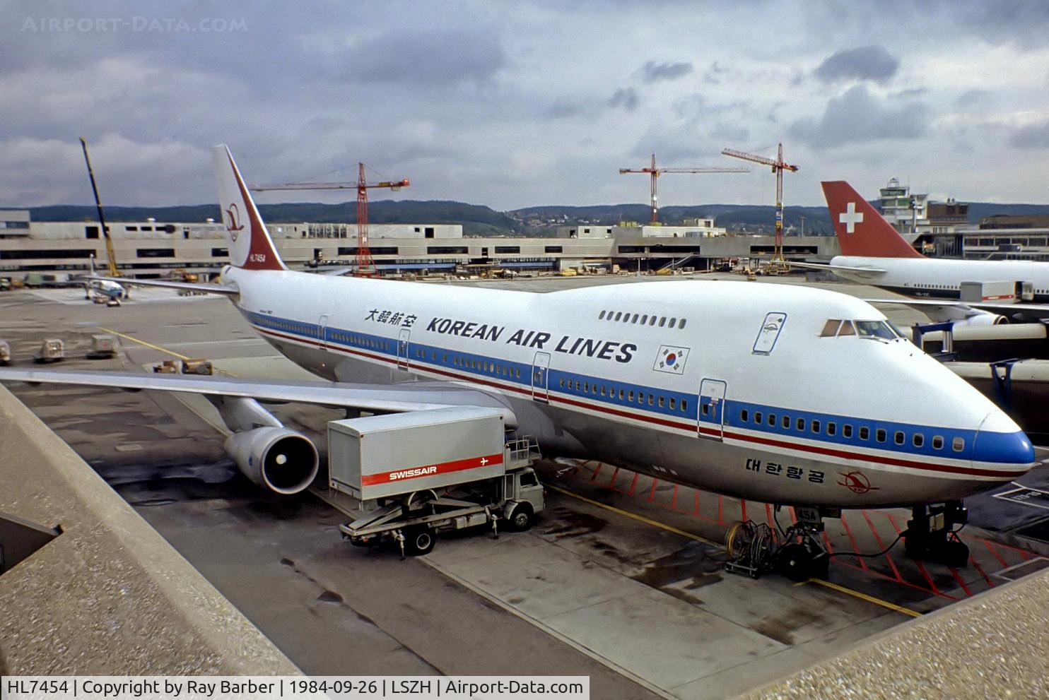 HL7454, 1980 Boeing 747-2B5B/SF C/N 22482, Boeing 747-2B5BF [22482] (Korean Air Lines) Zurich~HB 26/09/1984. From a slide.
