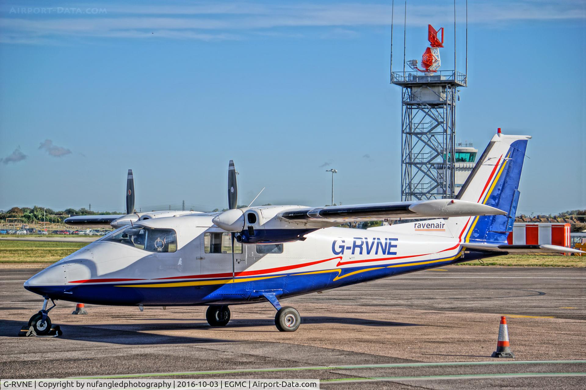G-RVNE, 1977 Partenavia P-68B C/N 101, Visiting London Southend Airport. Taken by fence - North Apron