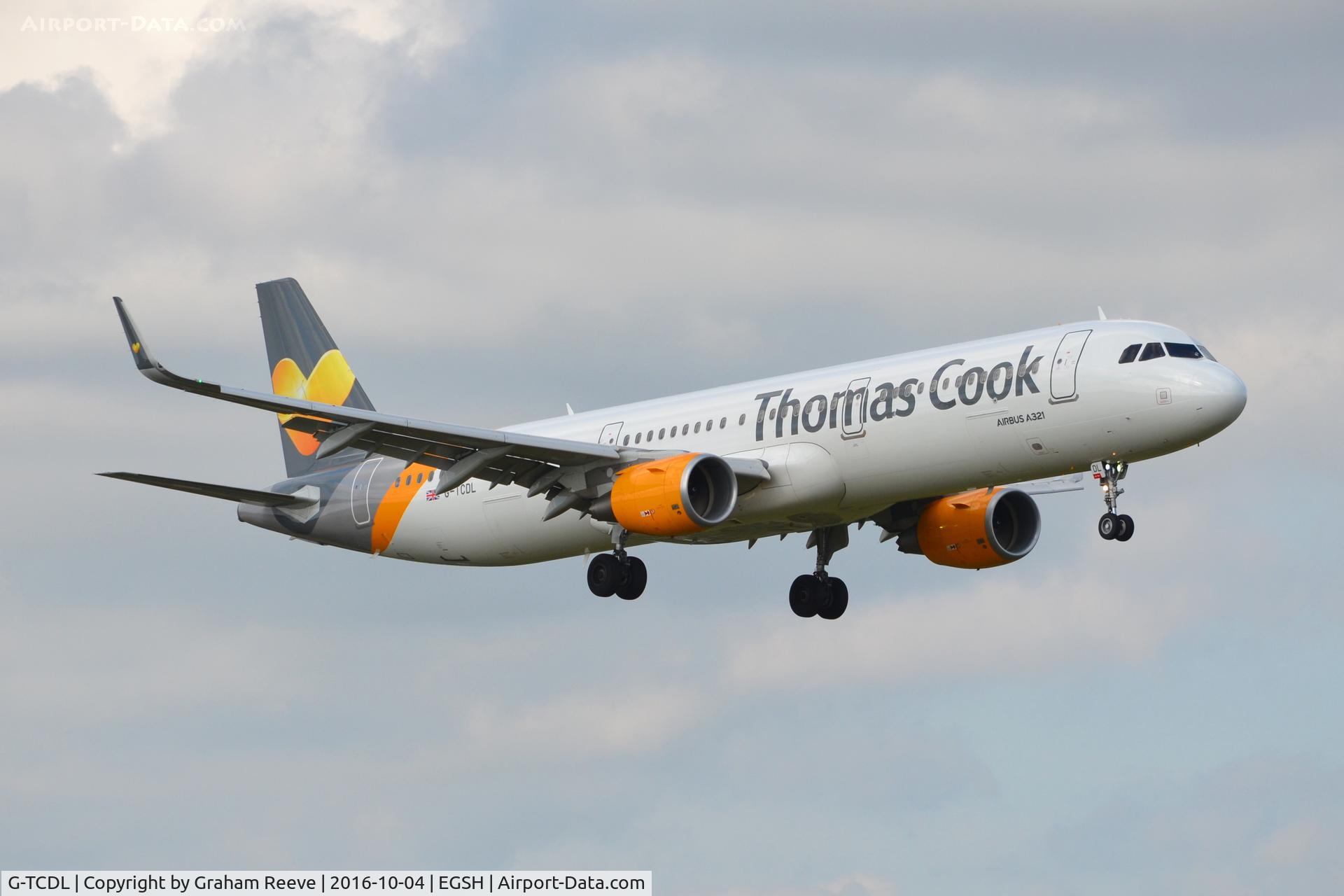 G-TCDL, 2016 Airbus A321-211 C/N 6968, Landing at Norwich.