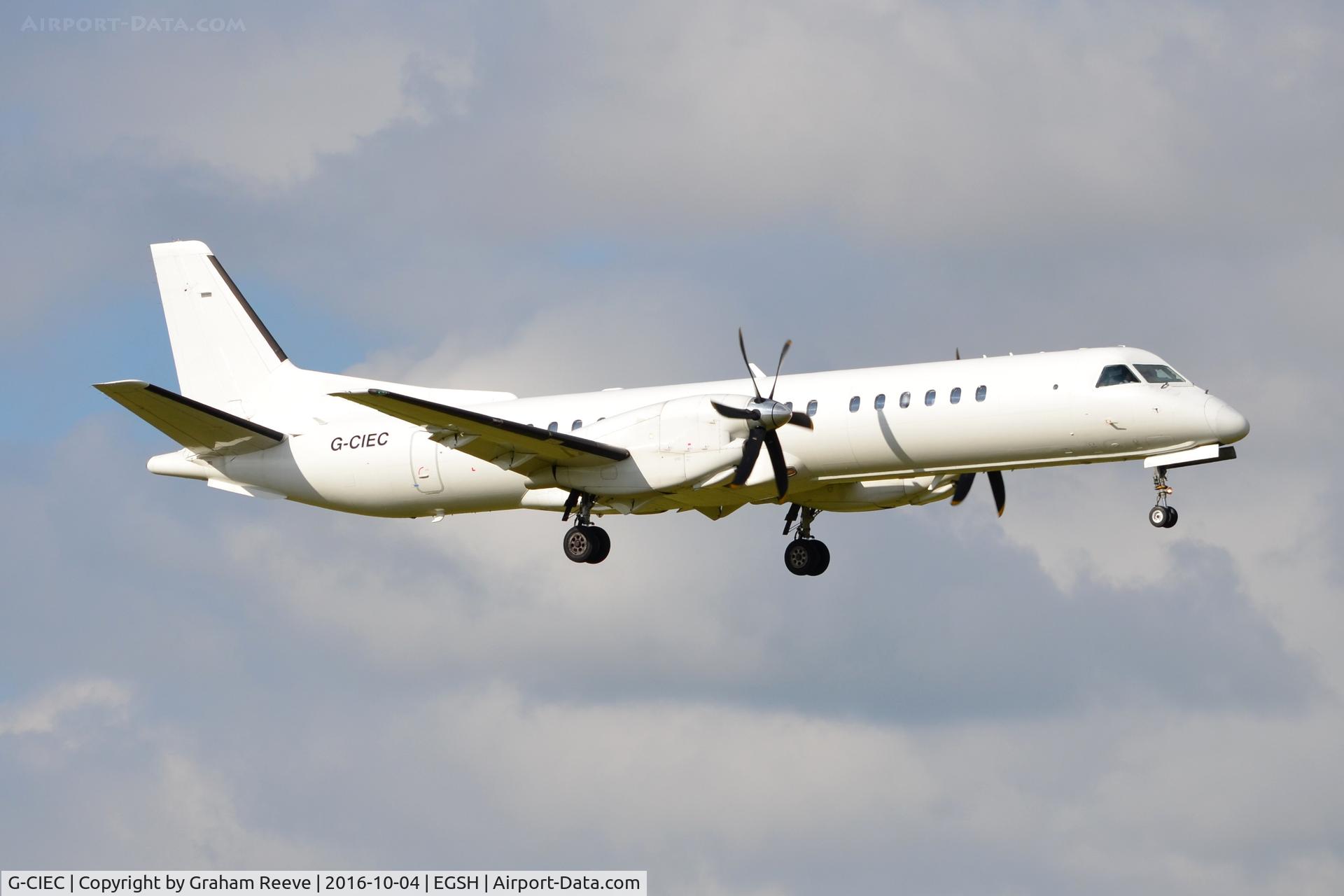 G-CIEC, 1996 Saab 2000 C/N 2000-037, Landing at Norwich.