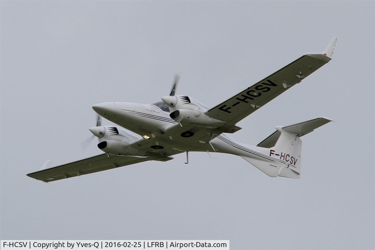 F-HCSV, 2008 Diamond DA-42 Twin Star C/N 42.371, Diamond DA-42 Twin Star, Take off rwy 25L, Brest-Bretagne airport (LFRB-BES)