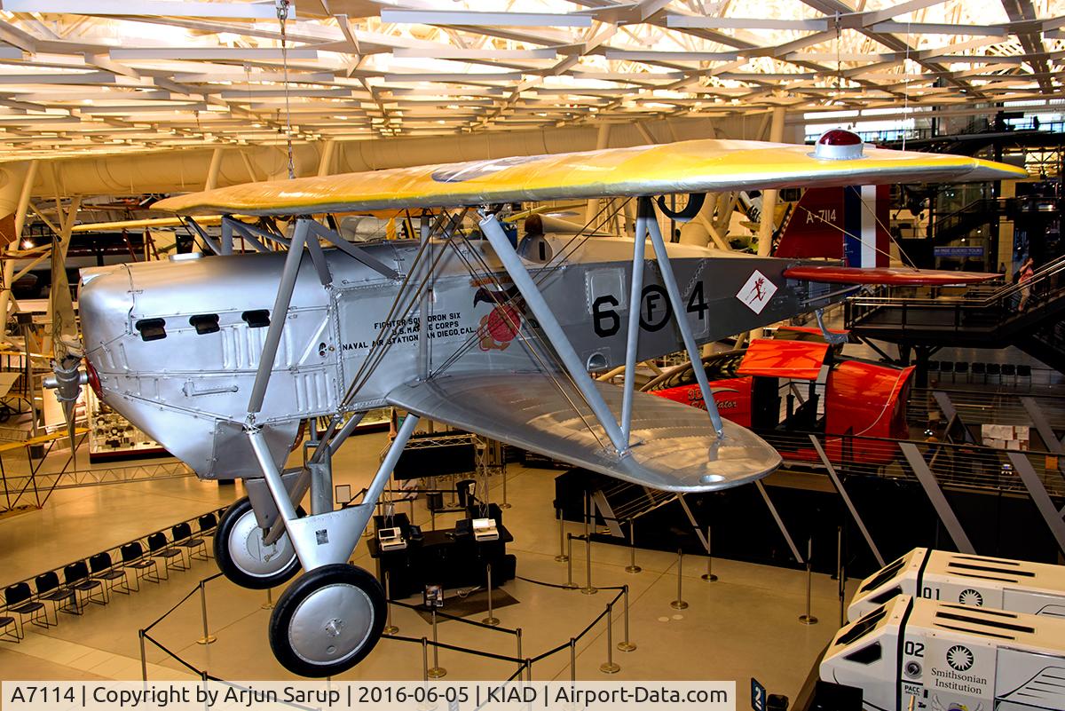 A7114, Boeing FB-5 Hawk C/N 820, On display at the Steven F. Udvar-Hazy Center.  The FB-5 was Boeing's first true carrier-borne fighter.  This model saw service with VF-1 on USS Langley, VF-6B aboard USS Saratoga, VF-3B at San Diego and finally with Marine squadron VF-6M 'Red Devils'.