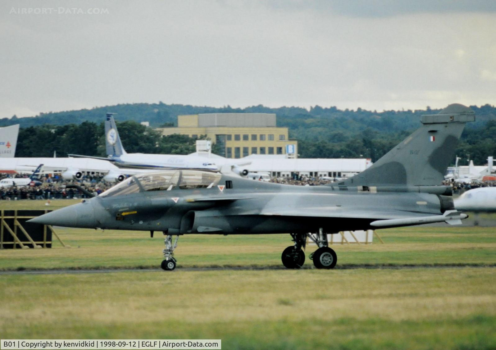 B01, Dassault Rafale B C/N B01, Taxying for take off at the 1998 Farnborough International Air Show.