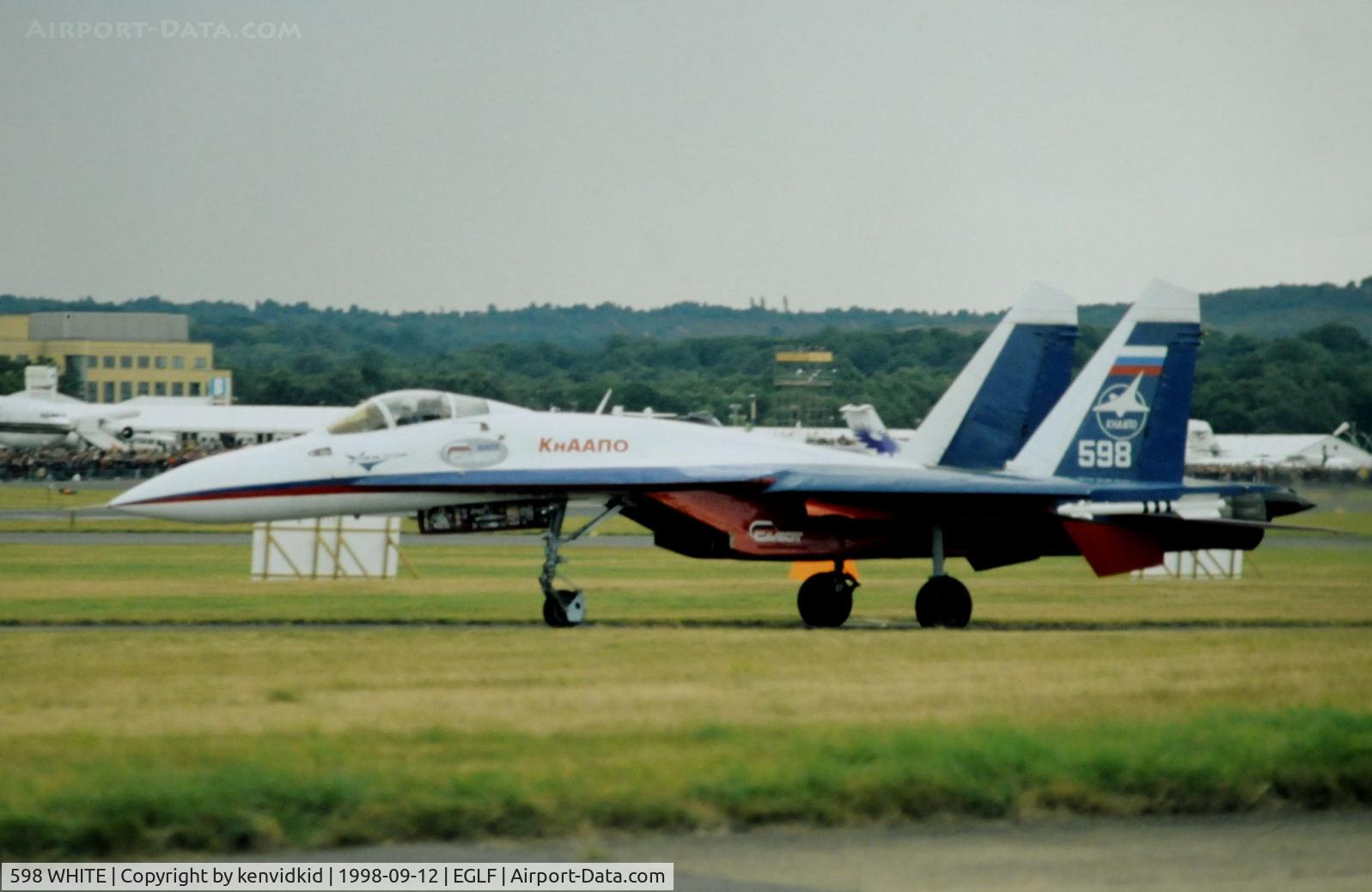 598 WHITE, Sukhoi Su-27P C/N 36911037820, Taxying for take off at the 1998 Farnborough International Air Show.