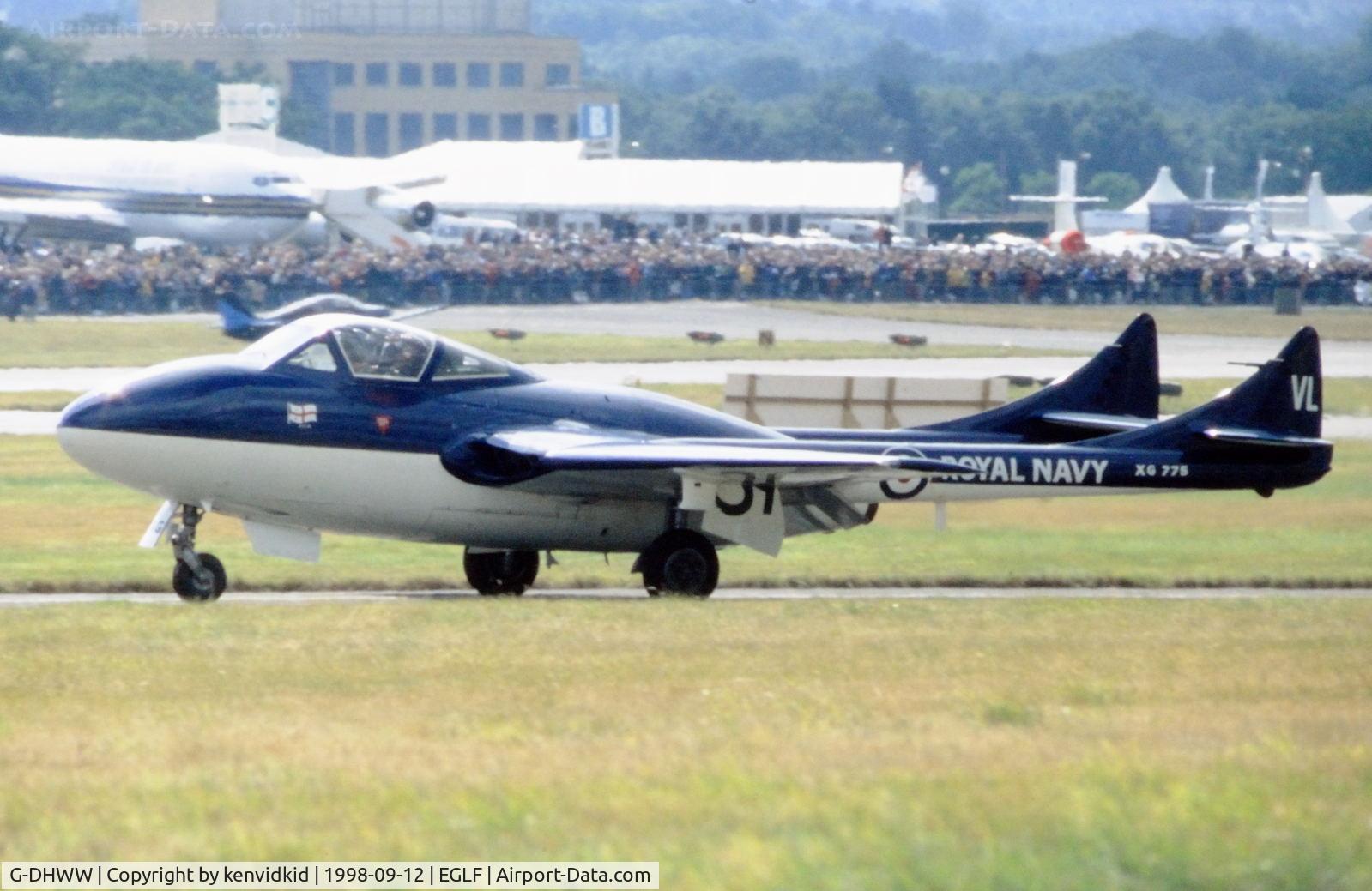G-DHWW, 1959 De Havilland (F+W Emmen) Vampire T55 (DH-115) C/N 979, Taxying for take off at the 1998 Farnborough International Air Show.
