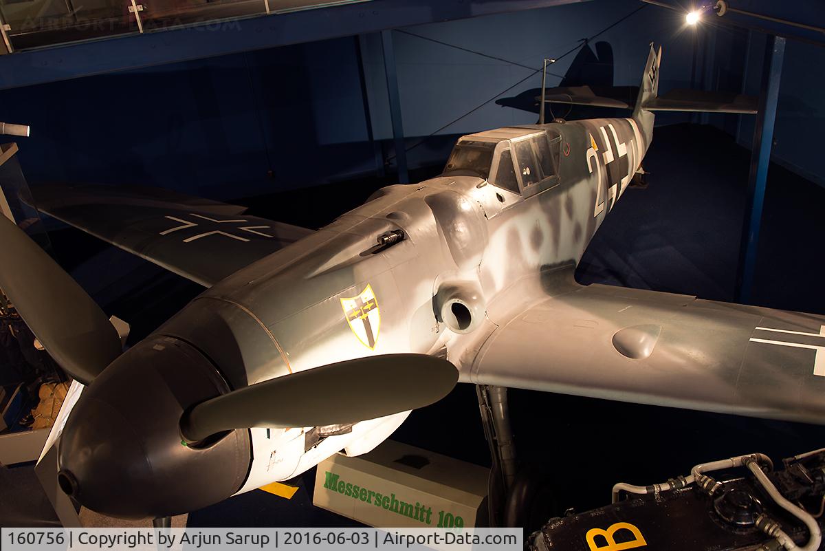 160756, 1943 Messerschmitt Bf-109G-6/R-3 C/N 160756, This Gustav was built in the Regensburg factory in 1943 for operations in tropical and desert climates. The Bf-109 pilot René Darbois defected to the Allies on July 25, 1944 in Italy.  Painted to represent an aircraft of III./JG 27 in the Mediterranean.