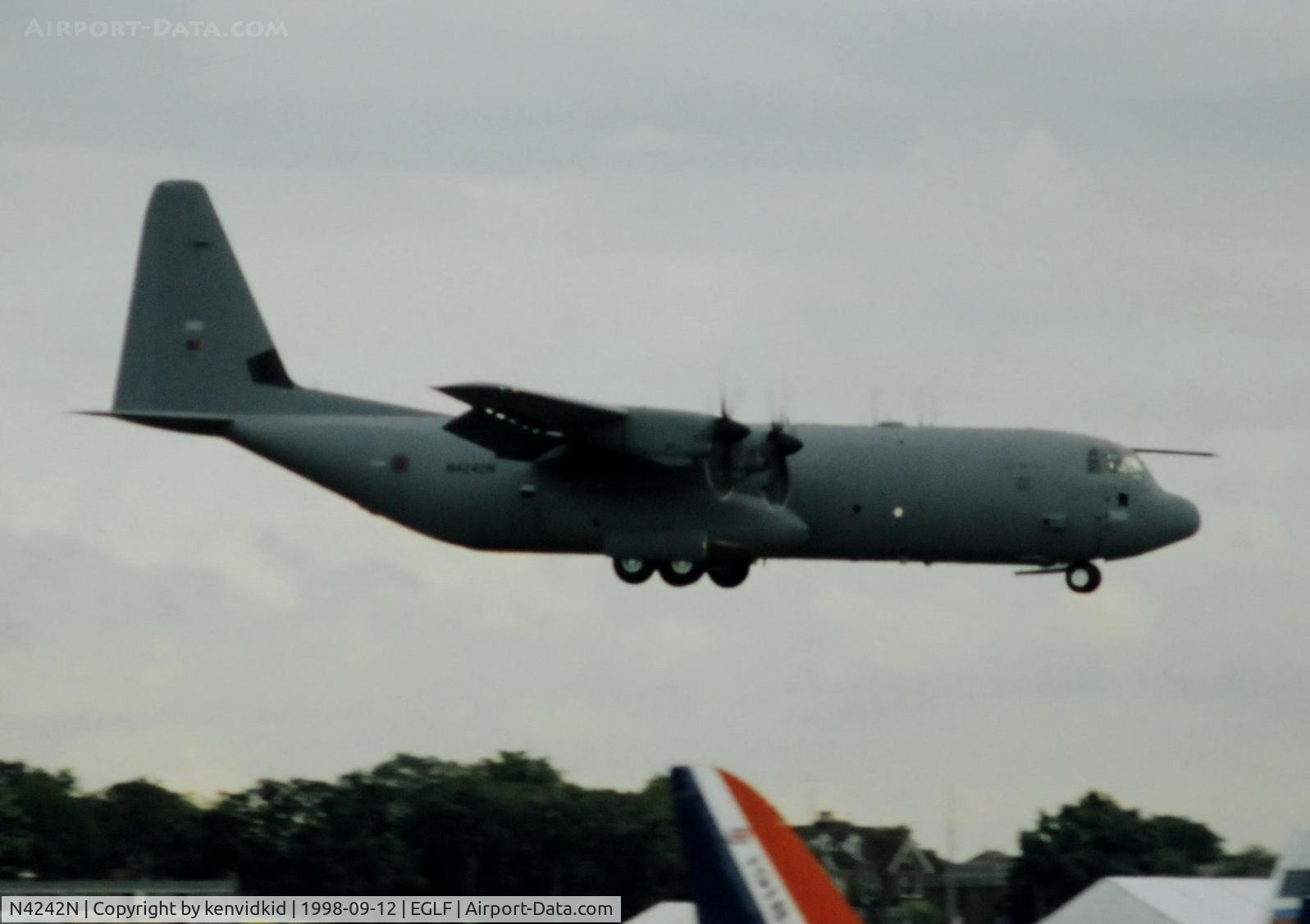 N4242N, 1997 Lockheed C-130J-30 Super Hercules C/N 382-5457,  Displaying at the 1998 Farnborough International Air Show. Became ZH873.