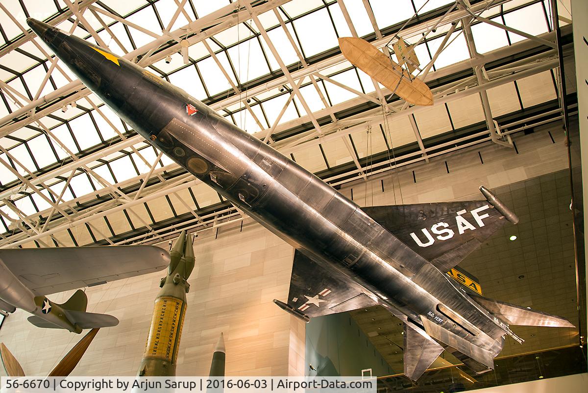 56-6670, 1956 North American X-15A C/N 240-1, First X-15 on display at the National Air and Space Museum. Just three of these aircraft were built, and only 12 pilots flew them including Neil Armstrong for a total of 199 flights from 1959-68.