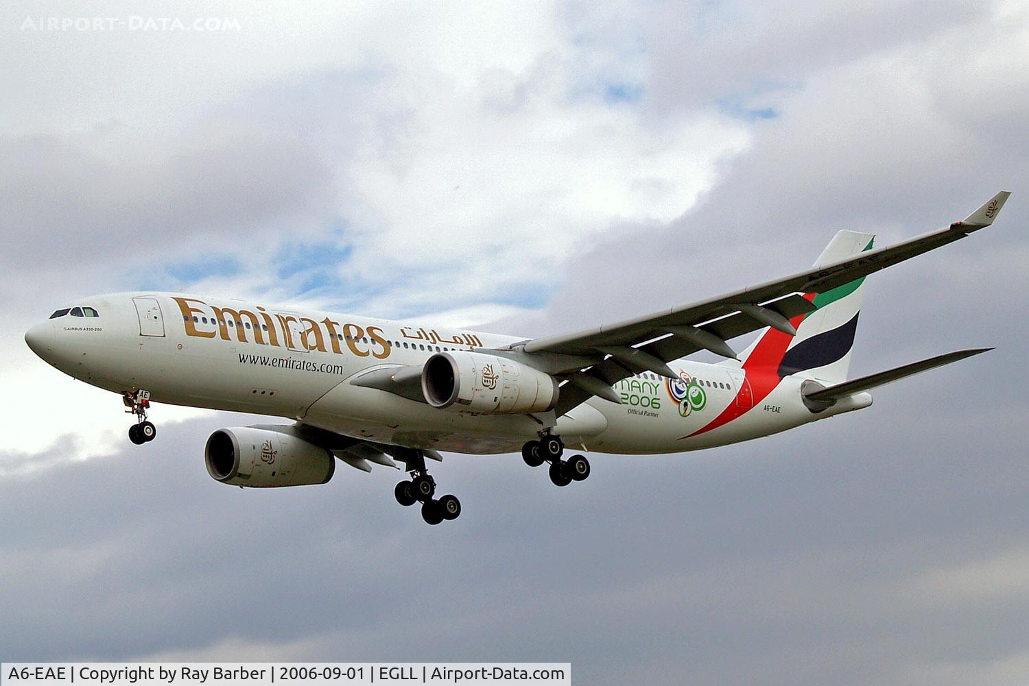 A6-EAE, 2001 Airbus A330-243 C/N 384, Airbus A330-243 [384] (Emirates Airlines) Heathrow~G 01/09/2006. On finals 27L.